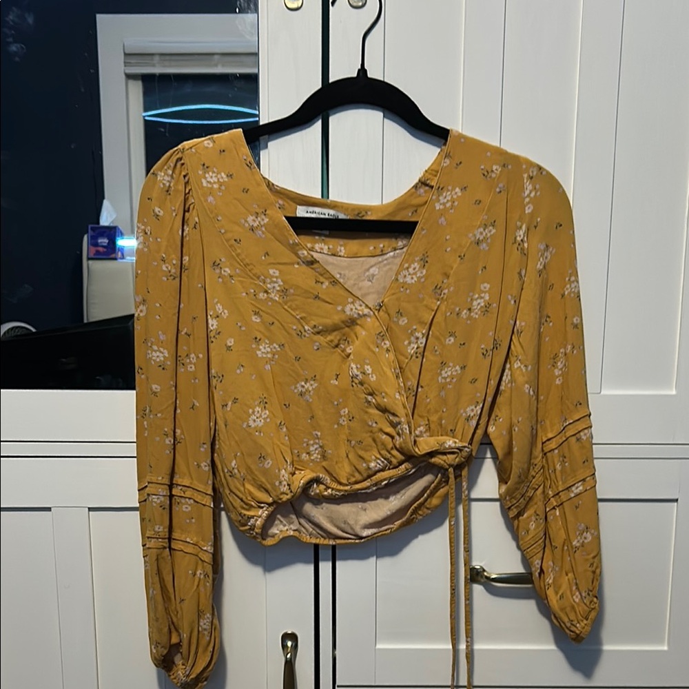 American Eagle By Payless Gold Wrap Blouse with 3/4 Sleeves